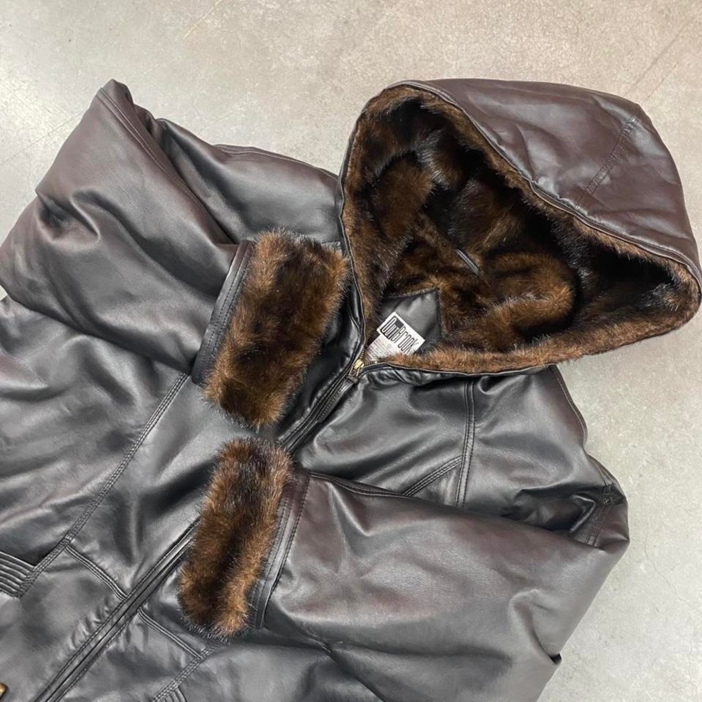 Outbrook Faux Leather Jacket Vintage Hooded Fur Lined Y2K‎ Coat Womens Size XL